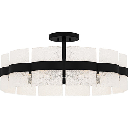 Quoizel Sweeney 30in 6-Light Semi-Flush Mount | Modern Matte Black and White Sand Glass | Bedroom & Hallway | 30 x 30 x 13 in | Model SWE1730MBK