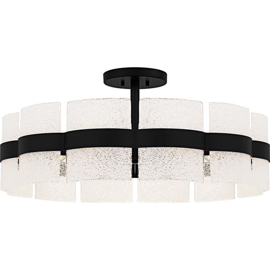 Quoizel Sweeney 30in 6-Light Semi-Flush Mount | Modern Matte Black and White Sand Glass | Bedroom & Hallway | 30 x 30 x 13 in | Model SWE1730MBK