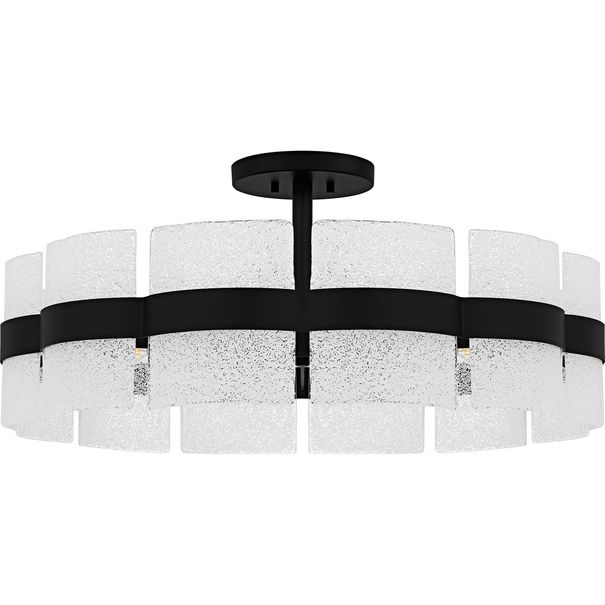 Quoizel Sweeney 30in 6-Light Semi-Flush Mount | Modern Matte Black and White Sand Glass | Bedroom & Hallway | 30 x 30 x 13 in | Model SWE1730MBK