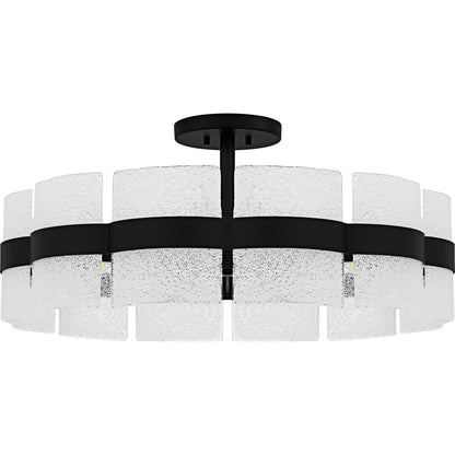 Quoizel Sweeney 30in 6-Light Semi-Flush Mount | Modern Matte Black and White Sand Glass | Bedroom & Hallway | 30 x 30 x 13 in | Model SWE1730MBK