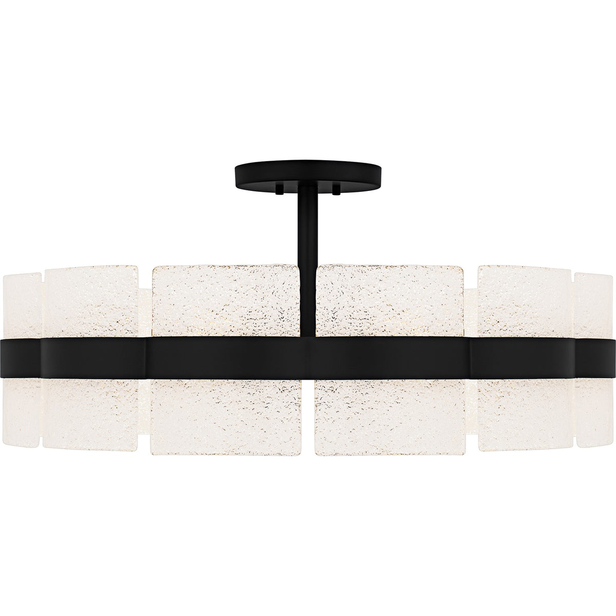 Quoizel Sweeney 30in 6-Light Semi-Flush Mount | Modern Matte Black and White Sand Glass | Bedroom & Hallway | 30 x 30 x 13 in | Model SWE1730MBK