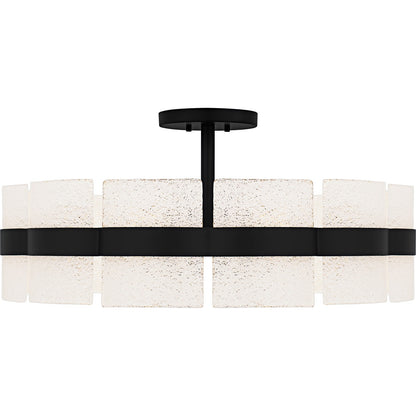 Quoizel Sweeney 30in 6-Light Semi-Flush Mount | Modern Matte Black and White Sand Glass | Bedroom & Hallway | 30 x 30 x 13 in | Model SWE1730MBK