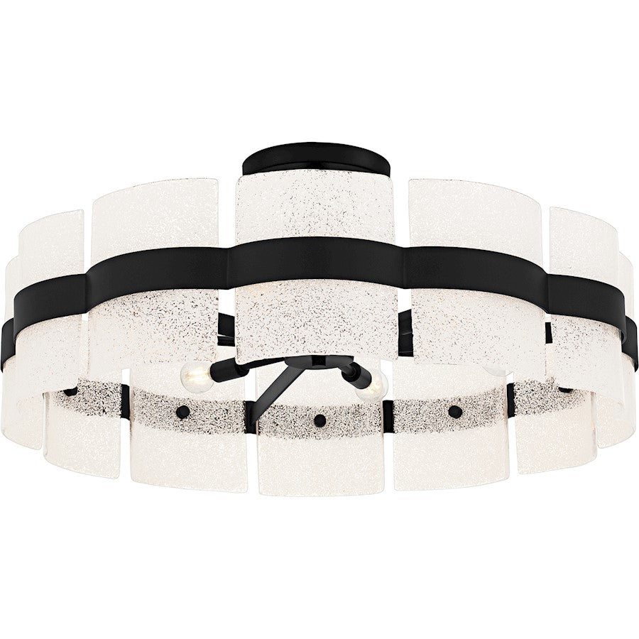 Quoizel Sweeney 30in 6-Light Semi-Flush Mount | Modern Matte Black and White Sand Glass | Bedroom & Hallway | 30 x 30 x 13 in | Model SWE1730MBK