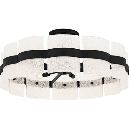 Quoizel Sweeney 30in 6-Light Semi-Flush Mount | Modern Matte Black and White Sand Glass | Bedroom & Hallway | 30 x 30 x 13 in | Model SWE1730MBK