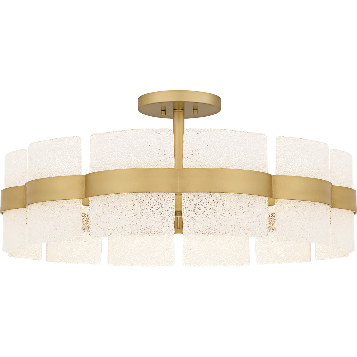 Quoizel Sweeney 30in 6-Light Semi-Flush Mount | Modern Soft Gold and White Sand Glass | Bedroom & Hallway | 30 x 30 x 13 in | Model SWE1730SGD