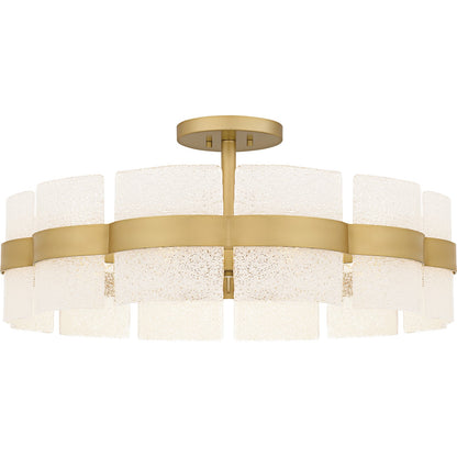 Quoizel Sweeney 30in 6-Light Semi-Flush Mount | Modern Soft Gold and White Sand Glass | Bedroom & Hallway | 30 x 30 x 13 in | Model SWE1730SGD