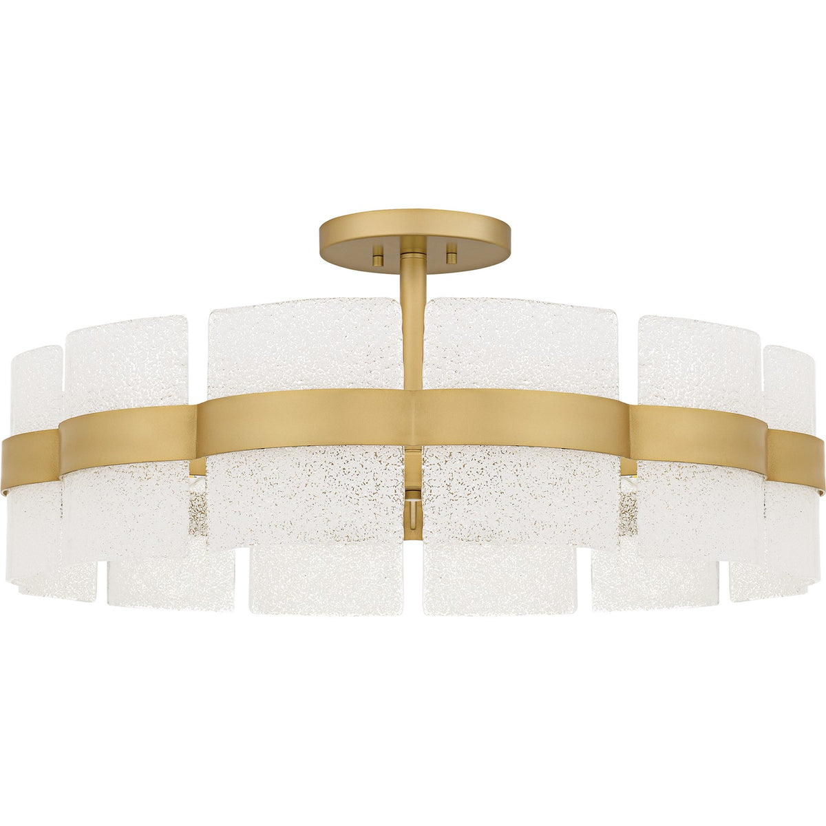 Quoizel Sweeney 30in 6-Light Semi-Flush Mount | Modern Soft Gold and White Sand Glass | Bedroom & Hallway | 30 x 30 x 13 in | Model SWE1730SGD