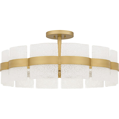 Quoizel Sweeney 30in 6-Light Semi-Flush Mount | Modern Soft Gold and White Sand Glass | Bedroom & Hallway | 30 x 30 x 13 in | Model SWE1730SGD