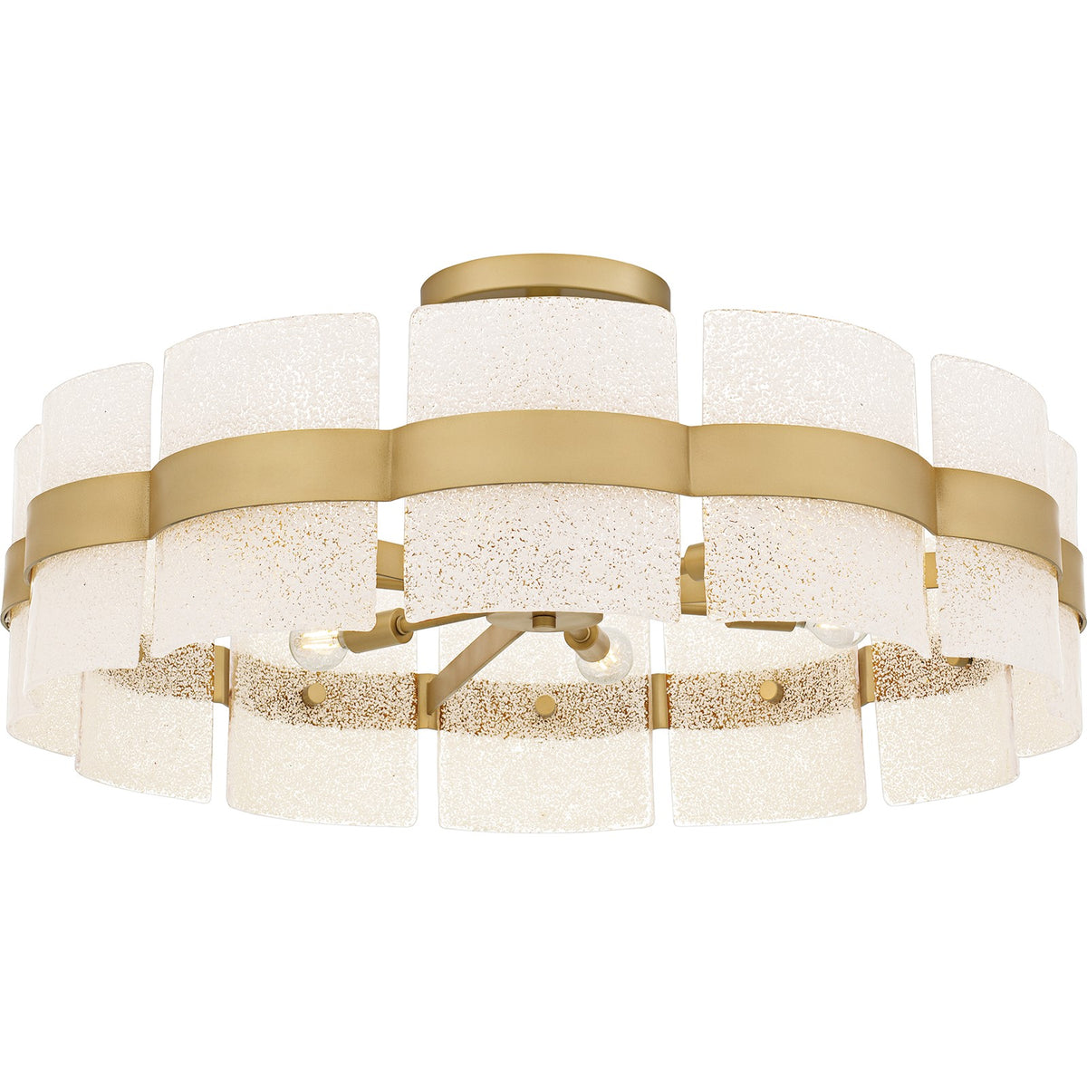 Quoizel Sweeney 30in 6-Light Semi-Flush Mount | Modern Soft Gold and White Sand Glass | Bedroom & Hallway | 30 x 30 x 13 in | Model SWE1730SGD