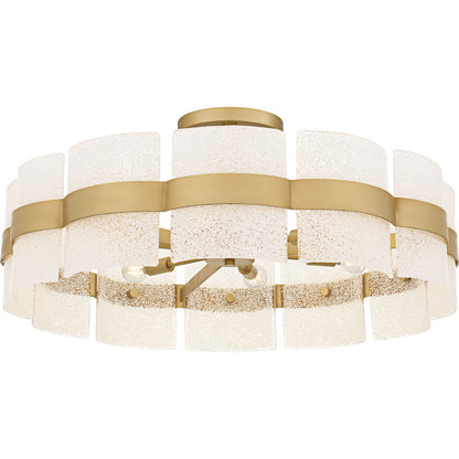Quoizel Sweeney 30in 6-Light Semi-Flush Mount | Modern Soft Gold and White Sand Glass | Bedroom & Hallway | 30 x 30 x 13 in | Model SWE1730SGD