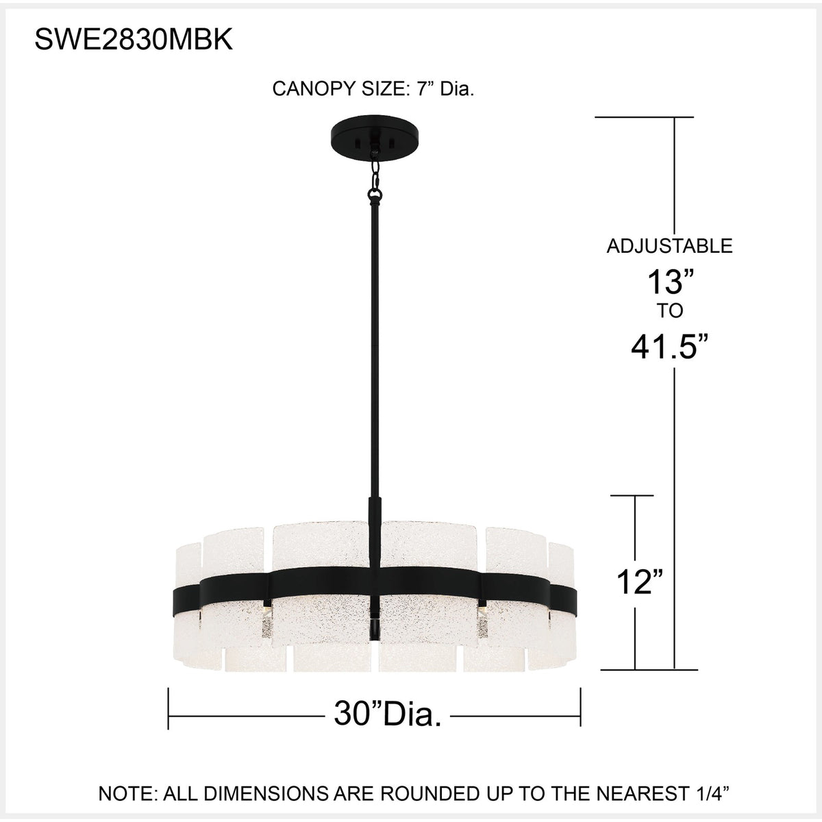 Quoizel Sweeney 30in 6-Light Pendant | Modern Matte Black and White Sand Glass | Kitchen Island & Dining Room | 30 x 30 x 12 in | Model SWE2830MBK