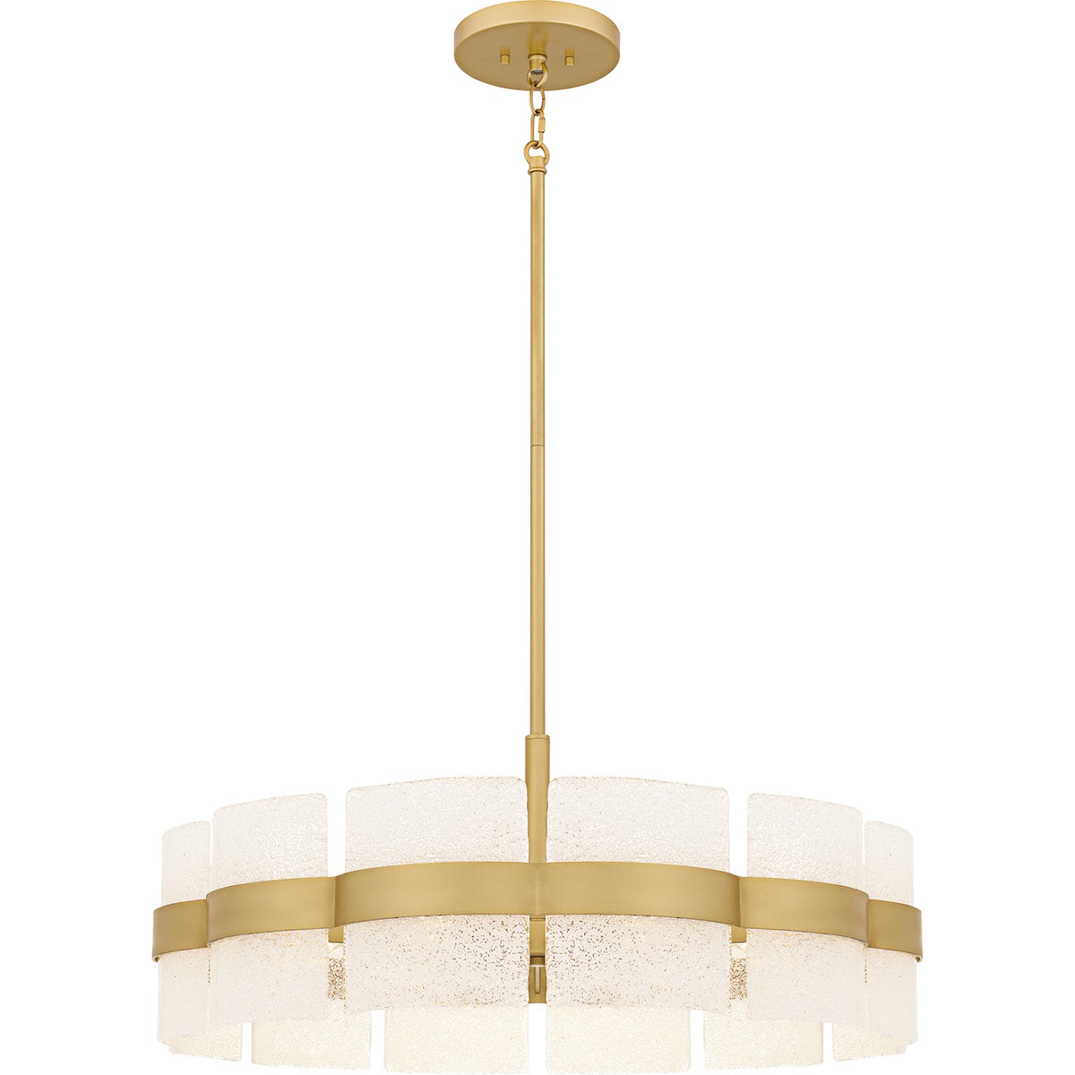 Quoizel Sweeney 30in 6-Light Pendant | Contemporary Soft Gold Steel and White Sand Glass | Dining Room & Foyer | 30 x 30 x 12 in | Model SWE2830SGD