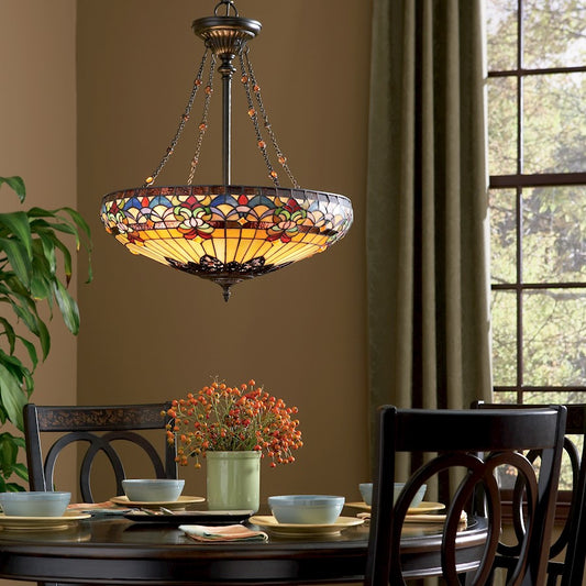 Quoizel Belle Fleur 22in 4-Light Pendant | Art Nouveau Vintage Bronze and Multicolor Art Glass | Dining Room & Foyer | Model TF1781VB