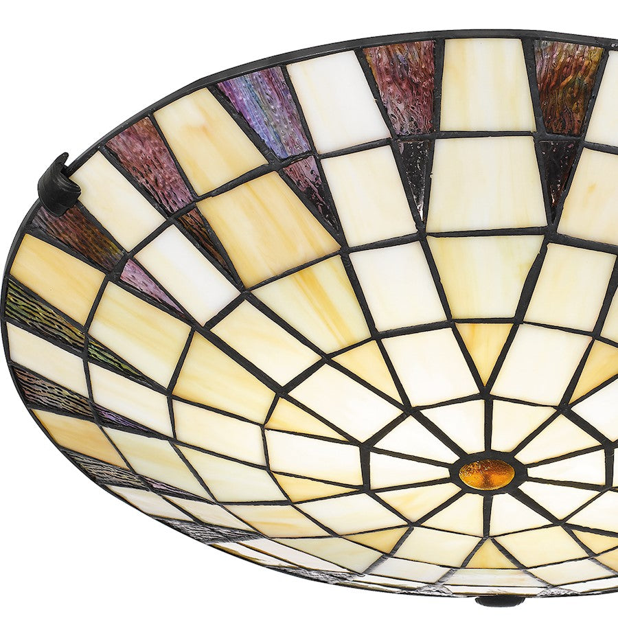 Quoizel Legend 2 Light Flush Mount, Matte Black/Multicolor Art Glass