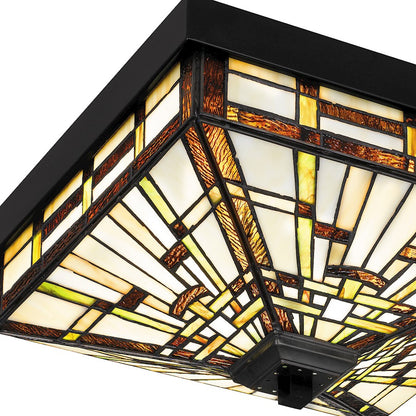 Quoizel Mill Run 3 Light Flush Mount, Black/Multicolor Art Glass