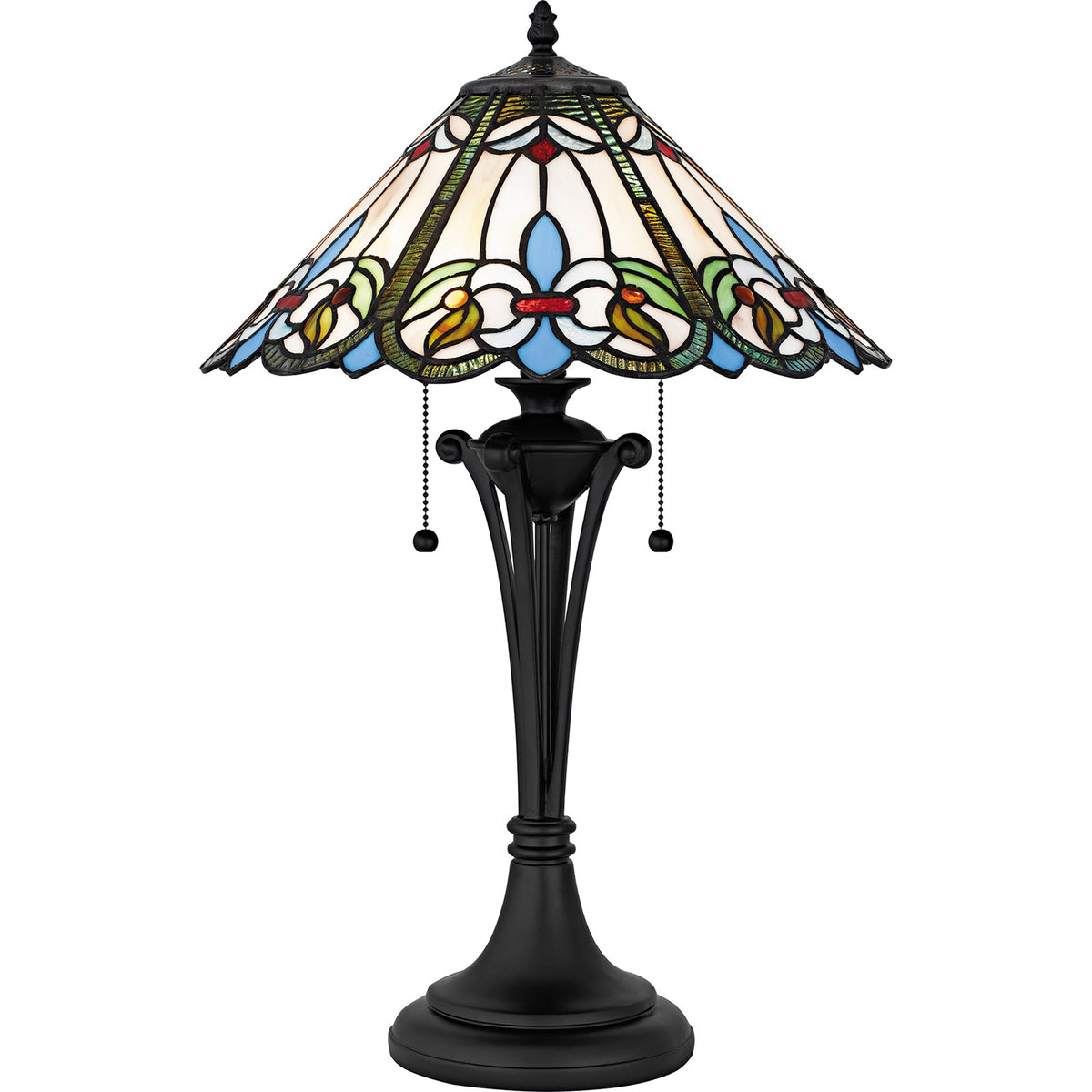 Quoizel Giles 16in 2-Light Table Lamp | Tiffany Matte Black and Multicolor Art Glass | Bedroom & Living Room | 16 x 16 x 25 in | Model TF6764MBK