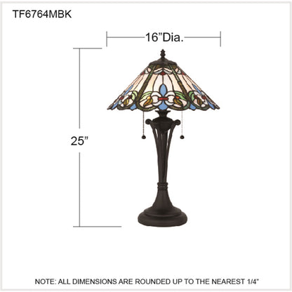 Quoizel Giles 16in 2-Light Table Lamp | Tiffany Matte Black and Multicolor Art Glass | Bedroom & Living Room | 16 x 16 x 25 in | Model TF6764MBK