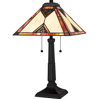 Quoizel Aiden 14in 2-Light Table Lamp | Tiffany Matte Black and Multicolor Art Glass | Living Room & Bedroom | 14 x 14 x 23.5 in | Model TF6816MBK