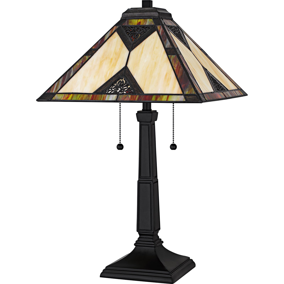 Quoizel Aiden 14in 2-Light Table Lamp | Tiffany Matte Black and Multicolor Art Glass | Living Room & Bedroom | 14 x 14 x 23.5 in | Model TF6816MBK