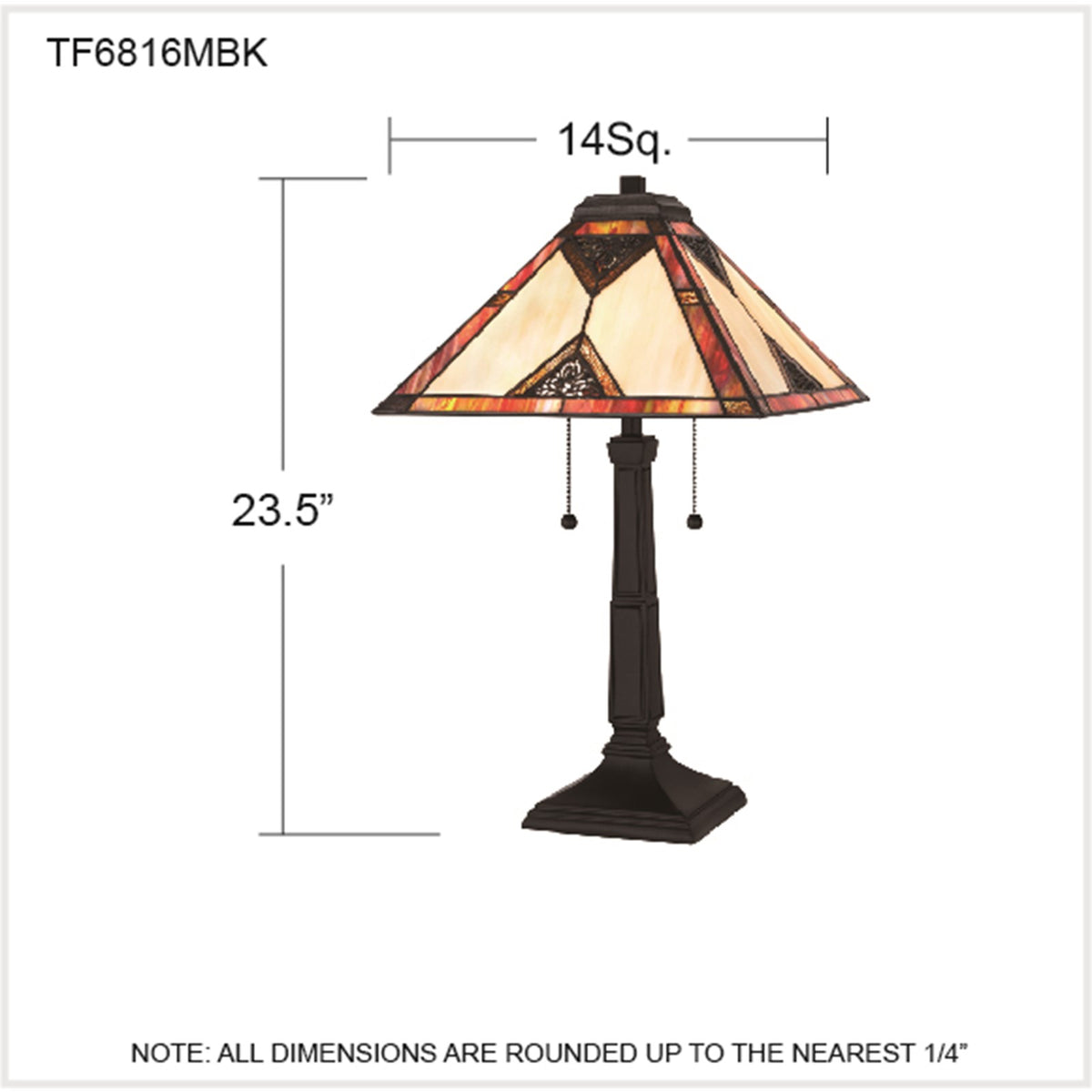 Quoizel Aiden 14in 2-Light Table Lamp | Tiffany Matte Black and Multicolor Art Glass | Living Room & Bedroom | 14 x 14 x 23.5 in | Model TF6816MBK