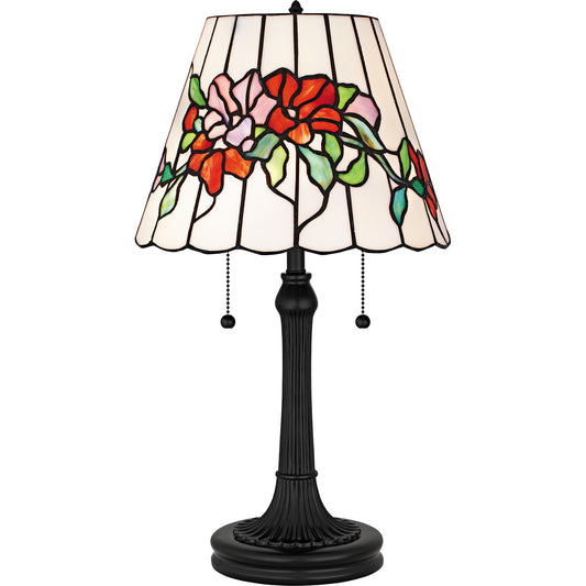 Quoizel Aurora 13in 2-Light Table Lamp | Tiffany Matte Black and Multicolor Art Glass | Living Room & Bedroom | 13 x 13 x 23.25 in | Model TF6817MBK