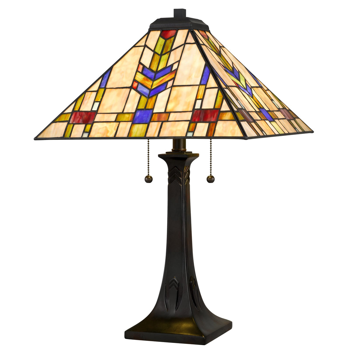 Quoizel Draxen 16in 2-Light Table Lamp | Mission Valiant Bronze and Multicolor Art Glass | Living Room & Bedroom | Model TF6821VA