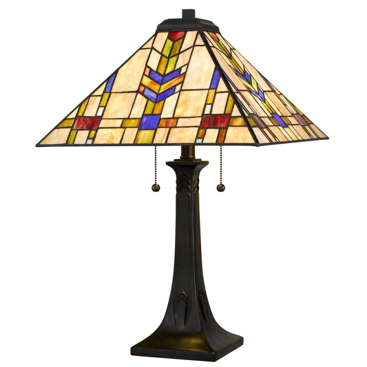 Quoizel Draxen 16in 2-Light Table Lamp | Mission Valiant Bronze and Multicolor Art Glass | Living Room & Bedroom | Model TF6821VA
