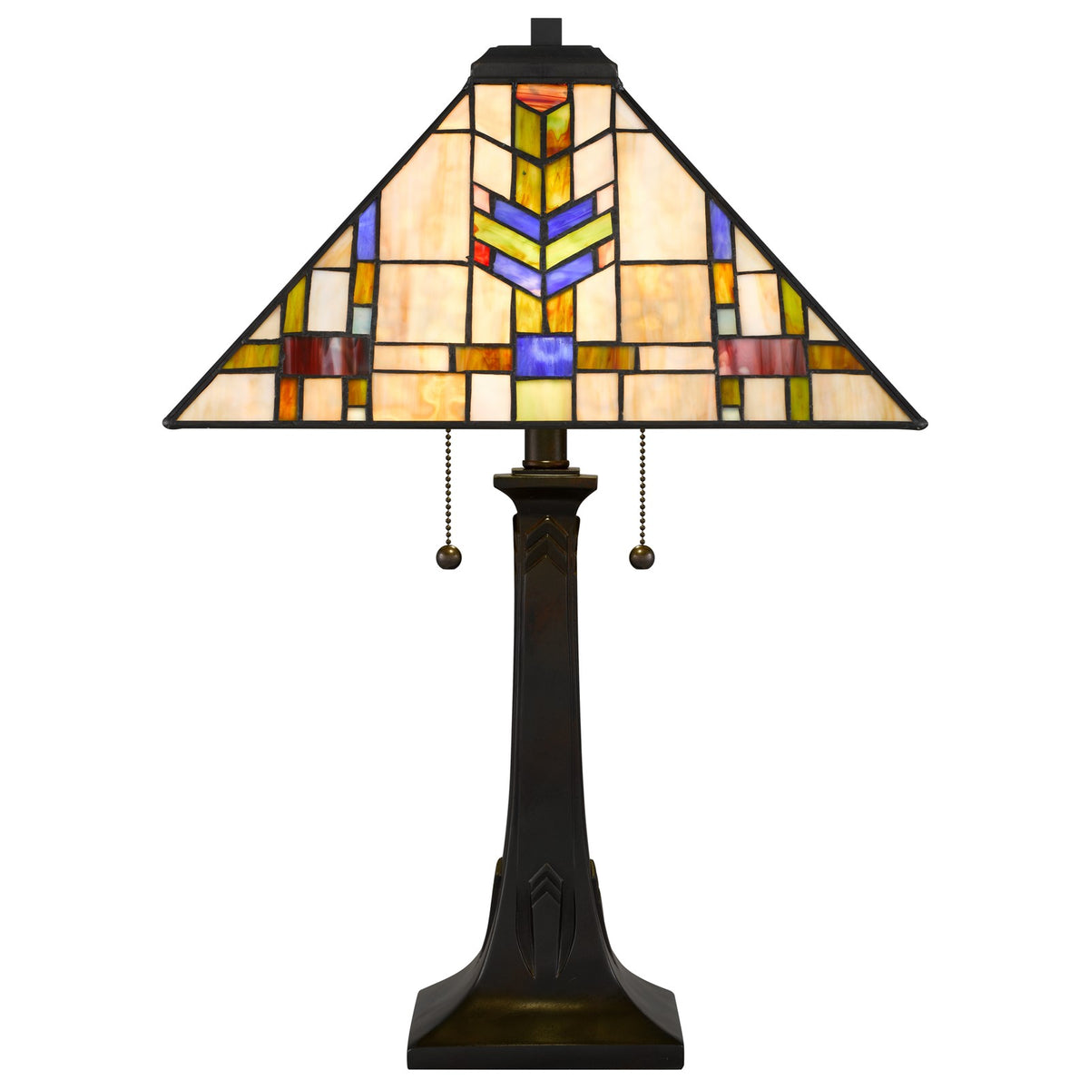 Quoizel Draxen 16in 2-Light Table Lamp | Mission Valiant Bronze and Multicolor Art Glass | Living Room & Bedroom | Model TF6821VA