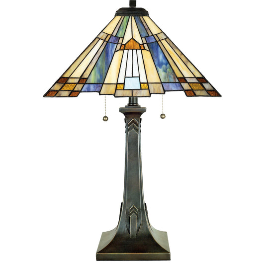 Quoizel Inglenook 25in 2-Light Table Lamp | Arts and Crafts Valiant Bronze and Multicolor Art Glass | Bedside and Living Room | Model TFT16191A1VA