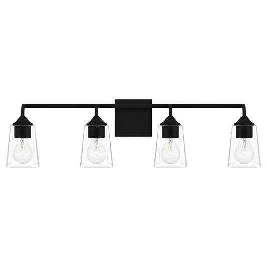 Quoizel Thoresby 31in 4-Light Vanity Light | Modern Matte Black and Clear Glass | Bathroom Vanity & Guest Bath | 31 x 5.25 x 8 in | Model THO8631MBK