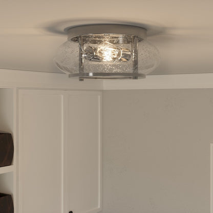 Quoizel Trilogy 12in 2-Light Flush Mount | Industrial Brushed Nickel and Clear Seedy Glass | Hallway & Entryway | 12 x 12 x 5.75 in | Model TRG1612BN