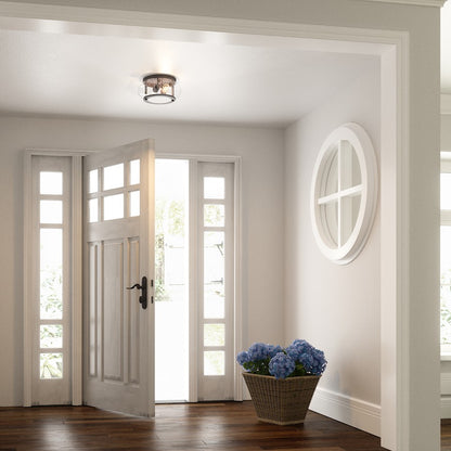 Quoizel Trilogy 12in 2-Light Flush Mount | Industrial Old Bronze and Clear Seedy Glass | Hallway & Entryway | 12 x 12 x 5.75 in | Model TRG1612OZ
