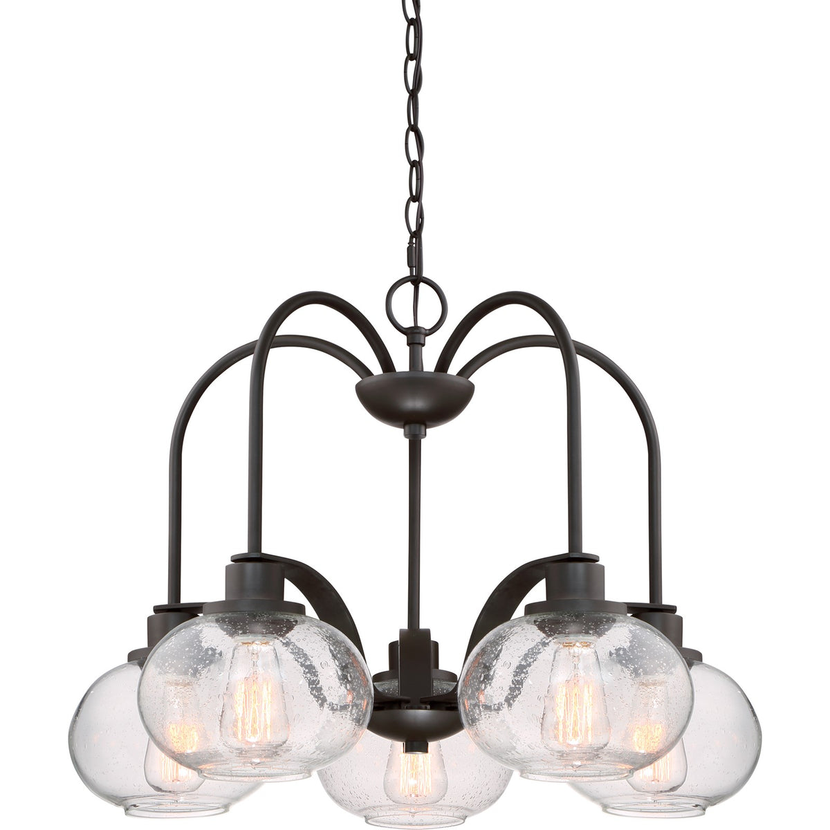 Quoizel Trilogy 26in 5-Light Chandelier | Industrial Old Bronze and Clear Seedy Glass | Dining Room & Foyer | 26.25 x 26.25 x 19 in | Model TRG5105OZ