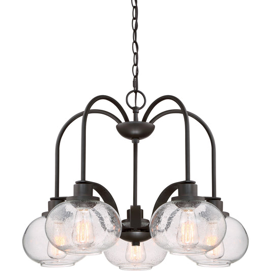 Quoizel Trilogy 26in 5-Light Chandelier | Industrial Old Bronze and Clear Seedy Glass | Dining Room & Foyer | 26.25 x 26.25 x 19 in | Model TRG5105OZ