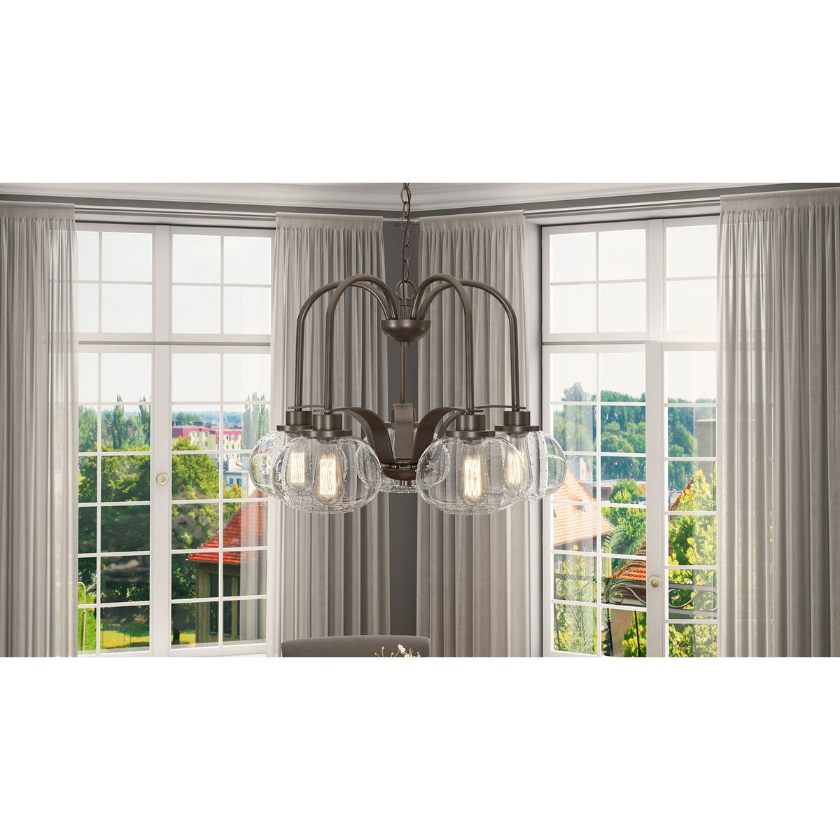 Quoizel Trilogy 26in 5-Light Chandelier | Industrial Old Bronze and Clear Seedy Glass | Dining Room & Foyer | 26.25 x 26.25 x 19 in | Model TRG5105OZ