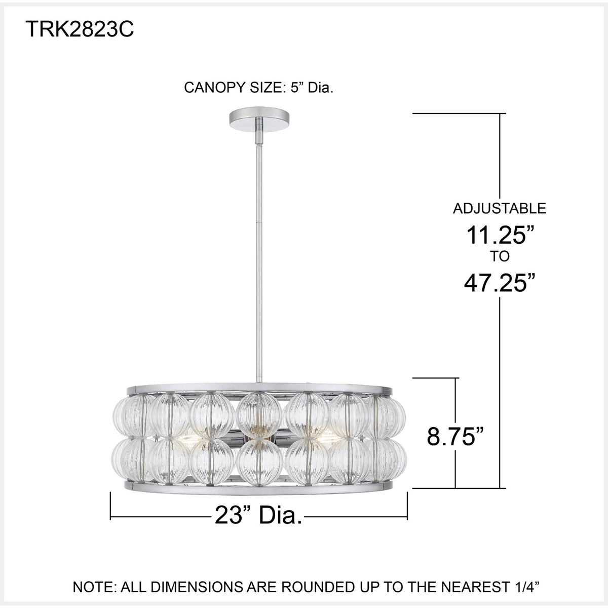 Quoizel Terrarock 23in 5-Light Pendant | Glam Polished Chrome and Clear Ribbed Glass | Kitchen Island & Dining Room | Model TRK2823C