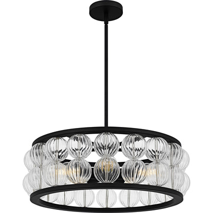 Quoizel Terrarock 23in 5-Light Pendant | Glam Matte Black and Clear Ribbed Glass | Dining Room & Foyer | 23 x 23 x 8.75 in | Model TRK2823MBK