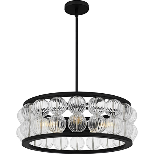 Quoizel Terrarock 23in 5-Light Pendant | Glam Matte Black and Clear Ribbed Glass | Dining Room & Foyer | 23 x 23 x 8.75 in | Model TRK2823MBK