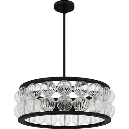 Quoizel Terrarock 23in 5-Light Pendant | Glam Matte Black and Clear Ribbed Glass | Dining Room & Foyer | 23 x 23 x 8.75 in | Model TRK2823MBK