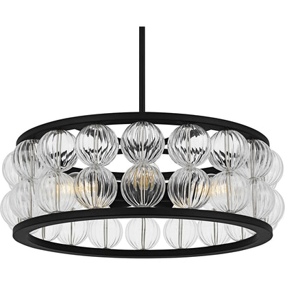Quoizel Terrarock 23in 5-Light Pendant | Glam Matte Black and Clear Ribbed Glass | Dining Room & Foyer | 23 x 23 x 8.75 in | Model TRK2823MBK