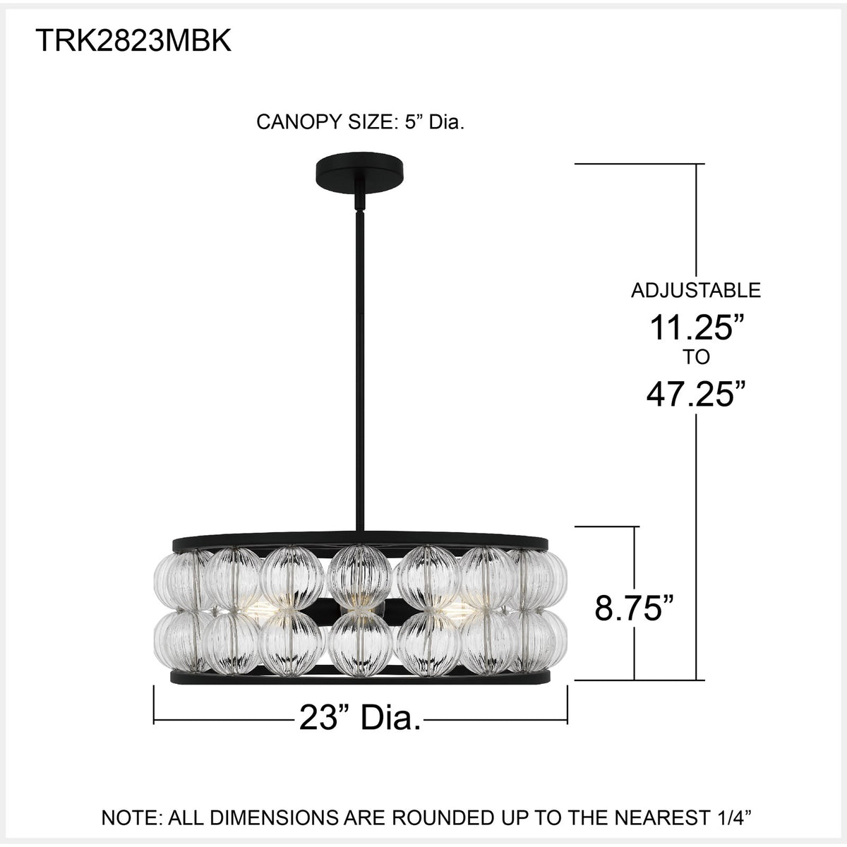 Quoizel Terrarock 23in 5-Light Pendant | Glam Matte Black and Clear Ribbed Glass | Dining Room & Foyer | 23 x 23 x 8.75 in | Model TRK2823MBK