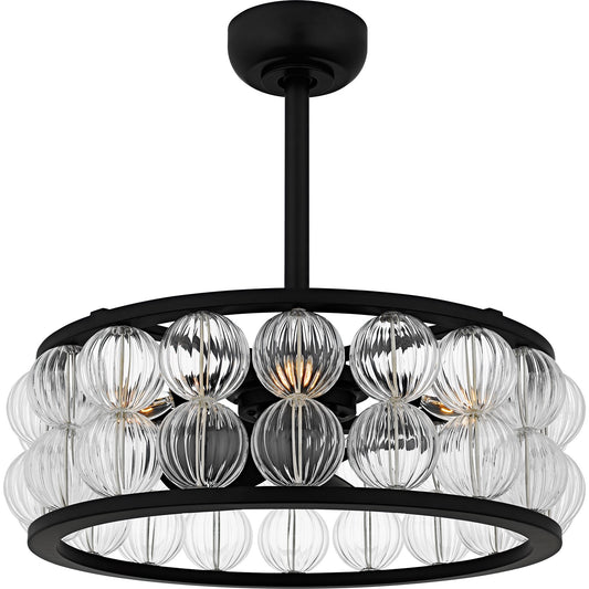 Quoizel Terrarock 23in 4-Light Fandelier | Glam Matte Black and Clear Ribbed Glass | Bedroom & Living Room | 23 x 23 x 9.75 in | Model TRK3123MBK