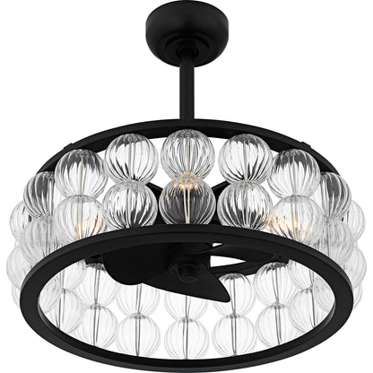 Quoizel Terrarock 23in 4-Light Fandelier | Glam Matte Black and Clear Ribbed Glass | Bedroom & Living Room | 23 x 23 x 9.75 in | Model TRK3123MBK