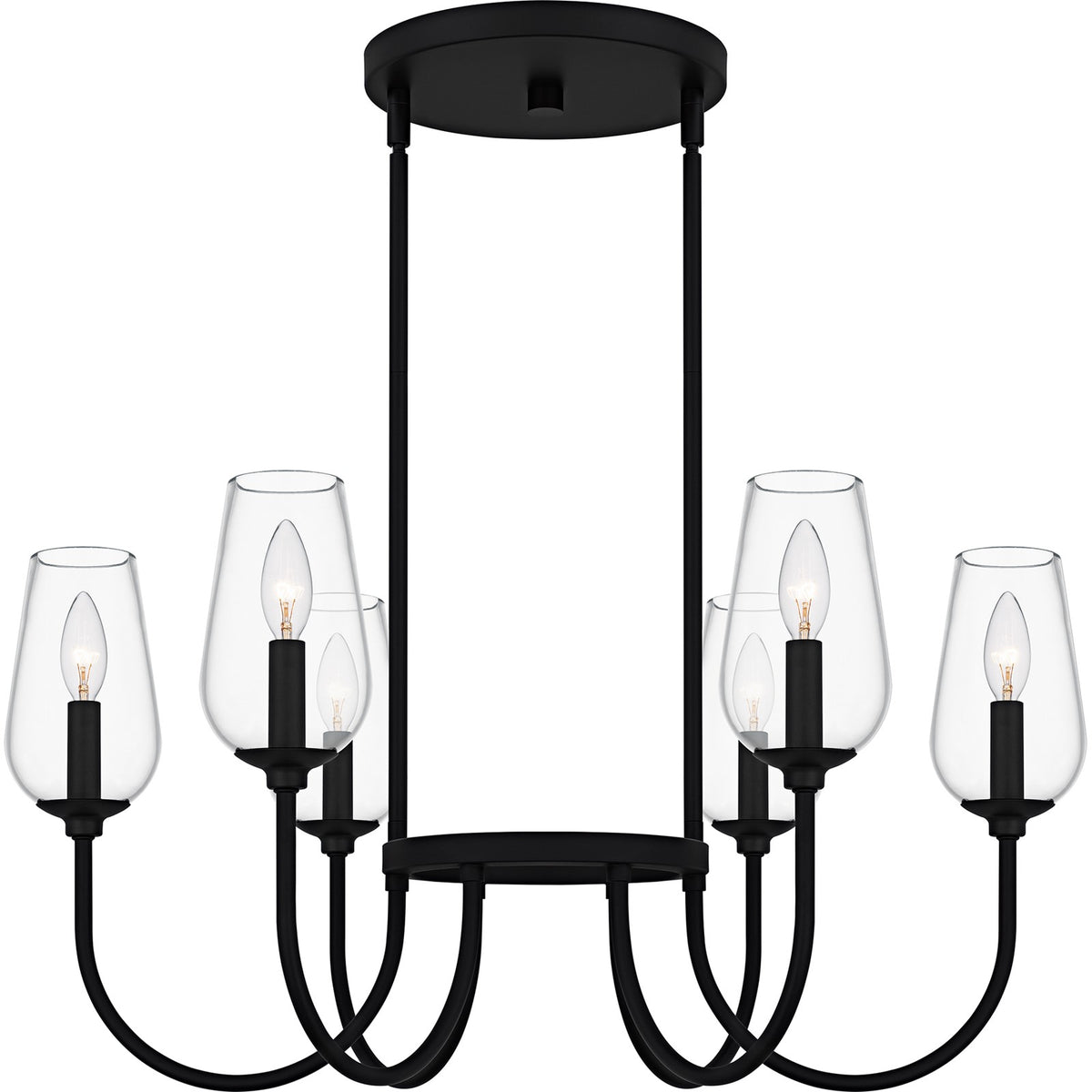Quoizel Viscount 28in 6-Light Chandelier | Transitional Matte Black and Clear Glass | Dining Room & Foyer | 28 x 28 x 14.25 in | Model VSC5028MBK