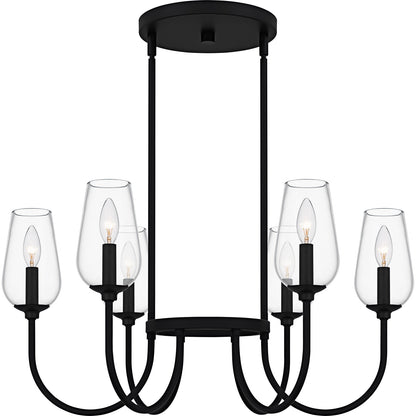 Quoizel Viscount 28in 6-Light Chandelier | Transitional Matte Black and Clear Glass | Dining Room & Foyer | 28 x 28 x 14.25 in | Model VSC5028MBK