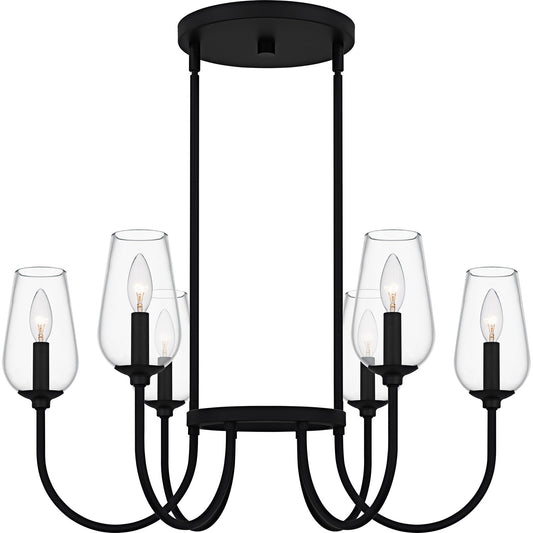 Quoizel Viscount 28in 6-Light Chandelier | Transitional Matte Black and Clear Glass | Dining Room & Foyer | 28 x 28 x 14.25 in | Model VSC5028MBK