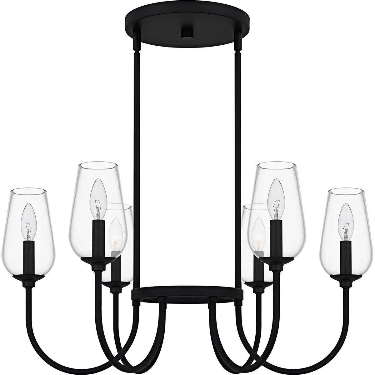 Quoizel Viscount 28in 6-Light Chandelier | Transitional Matte Black and Clear Glass | Dining Room & Foyer | 28 x 28 x 14.25 in | Model VSC5028MBK