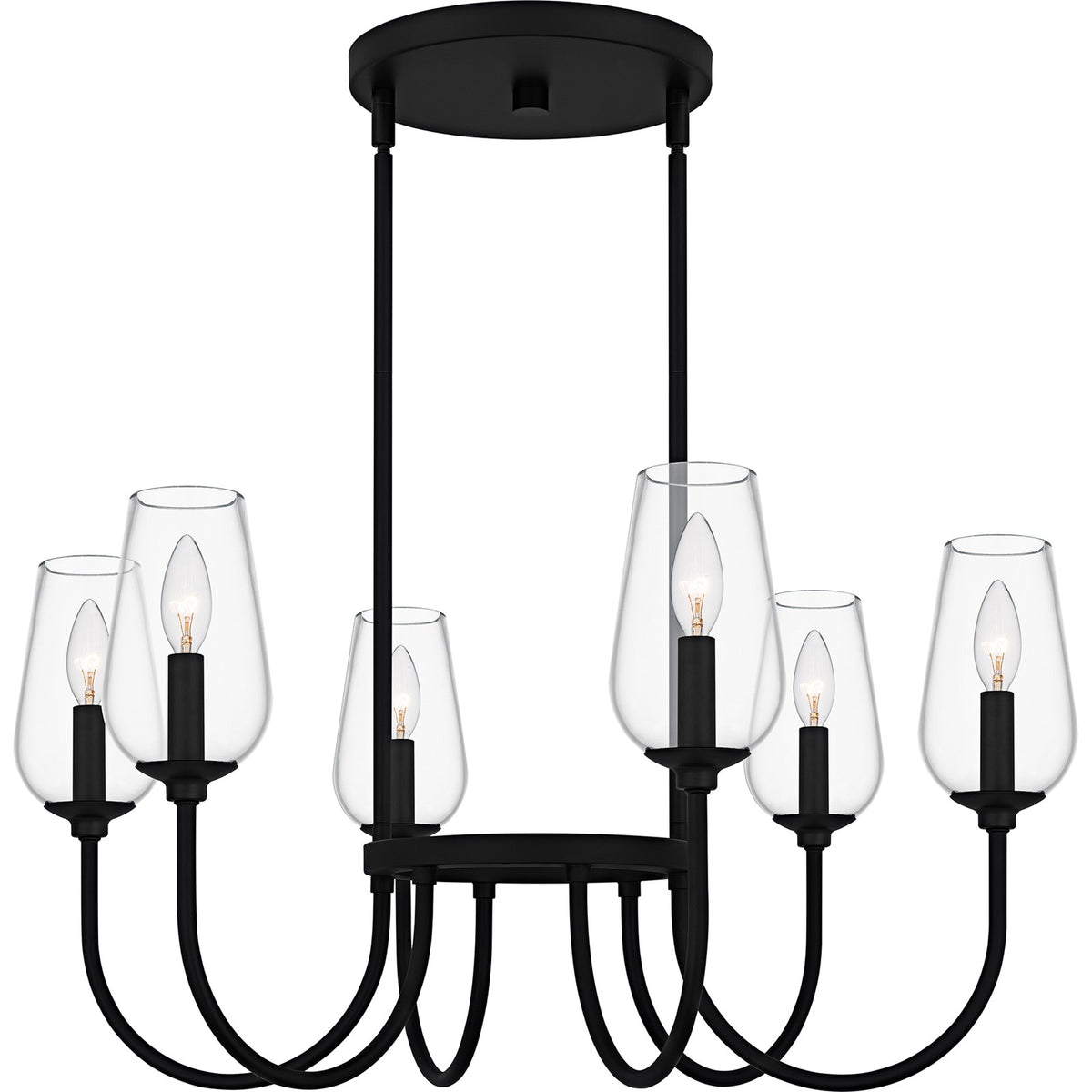 Quoizel Viscount 28in 6-Light Chandelier | Transitional Matte Black and Clear Glass | Dining Room & Foyer | 28 x 28 x 14.25 in | Model VSC5028MBK