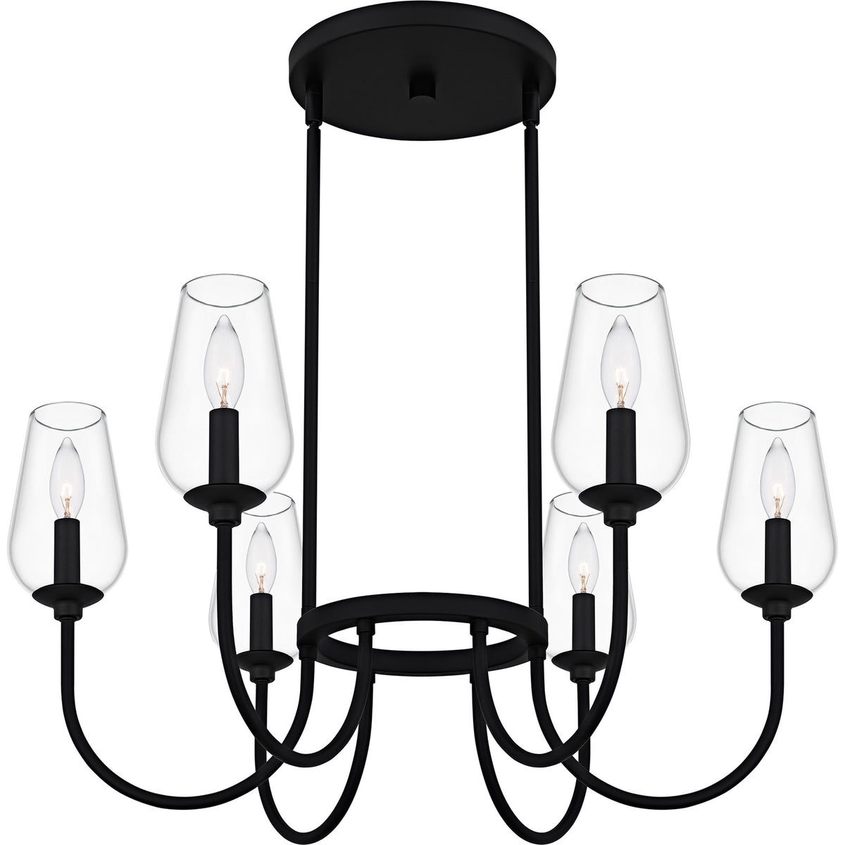 Quoizel Viscount 28in 6-Light Chandelier | Transitional Matte Black and Clear Glass | Dining Room & Foyer | 28 x 28 x 14.25 in | Model VSC5028MBK