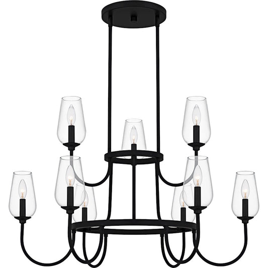 Quoizel Viscount 36in 9-Light Chandelier | Transitional Matte Black and Clear Glass | Dining Room & Foyer | 36 x 36 x 23.75 in | Model VSC5036MBK